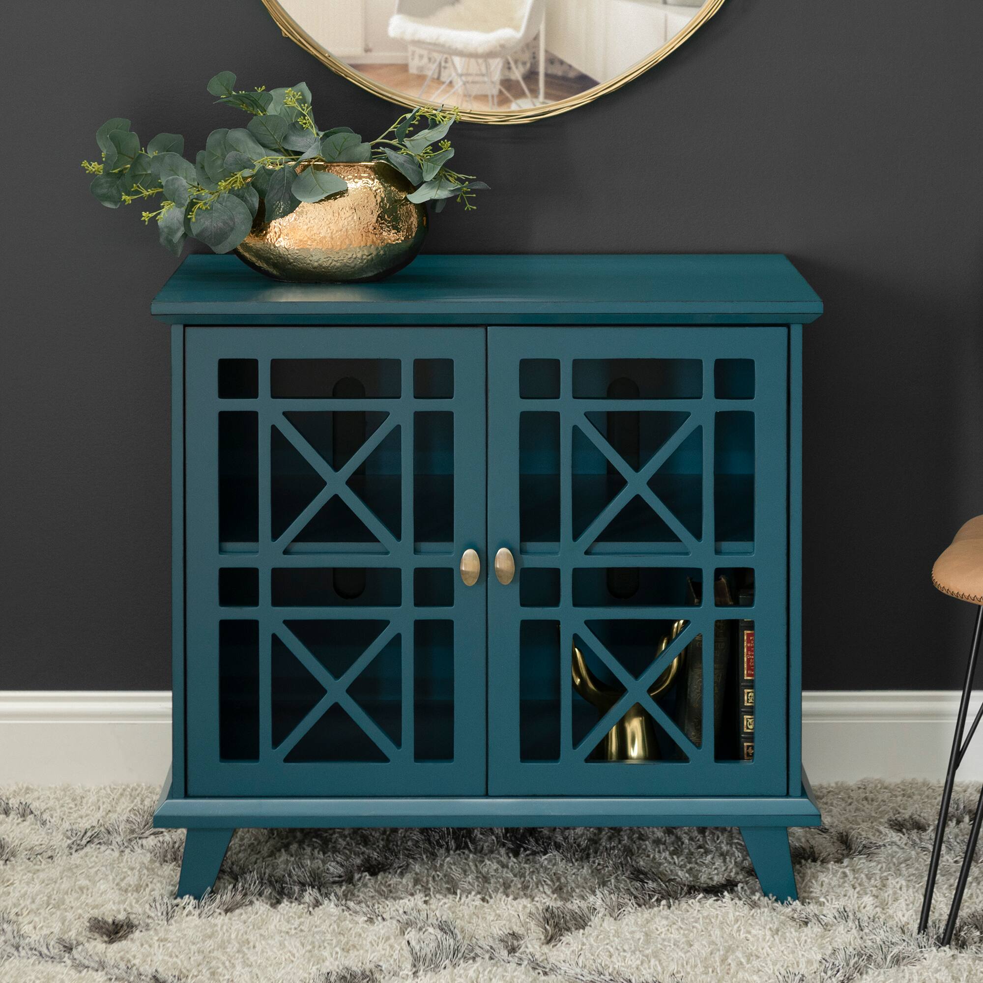 Walker Edison 32" Blue Fretwork Accent Storage Cabinet